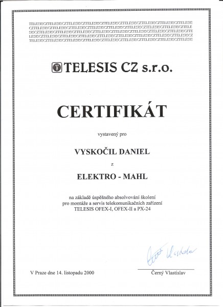 TELESYS - Certifikát