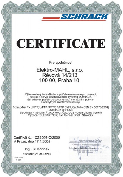 SCHRACK - certifikát